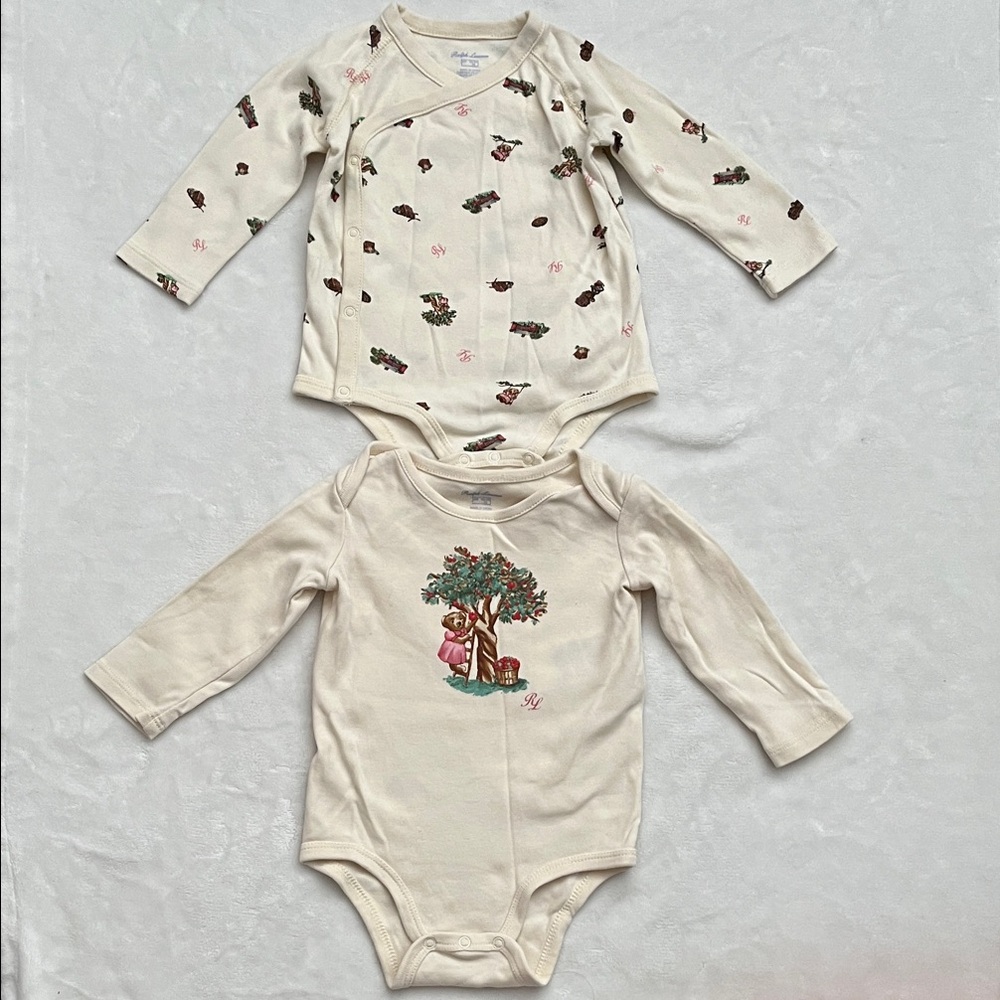 Ralph Lauren Cream Baby Bodysuit Set with Tree and Bear Prints